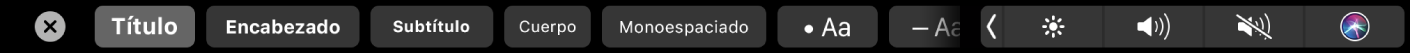 Touch Bar de Notas con botones para elegir estilos de párrafo incluyendo Título, Encabezado y Cuerpo, y también botones para agregar opciones de lista incluyendo viñetas, guiones y números.