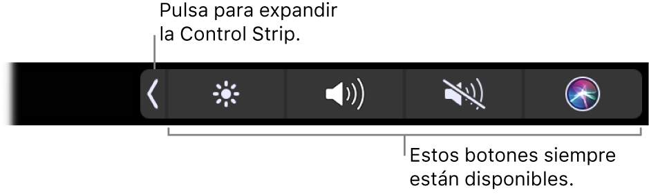 Pantalla parcial de la Touch Bar por omisión, con la Control Strip comprimida. Pulsa el botón de ampliar para mostrar la Control Strip completa.