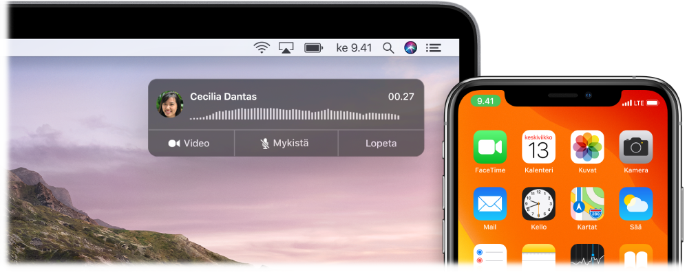 Mac näyttö, jonka oikeassa yläkulmassa näkyy puhelusta ilmoittava ikkuna, ja iPhone, jossa näkyy, että puhelu on käynnissä MacBookin kautta.