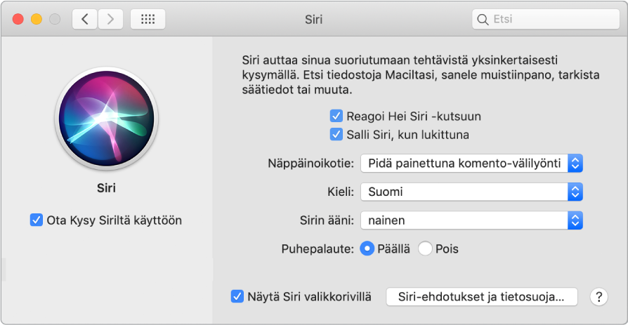 Siri-asetusikkuna, jossa vasemmalla on ”Ota Kysy Siriltä käyttöön” ja oikealla on useita Siri-asetuksia, esimerkiksi ”Reagoi Hei Siri -kutsuun”.