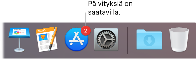Dockin osa, jossa näkyy App Store -kuvake, jossa oleva merkki osoittaa, että päivityksiä on saatavilla.