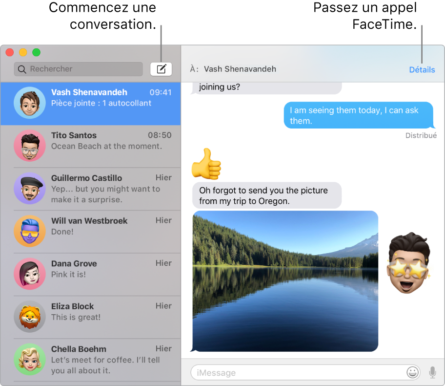 Une fenêtre de Messages montrant comment lancer une conversation et passer un appel FaceTime.