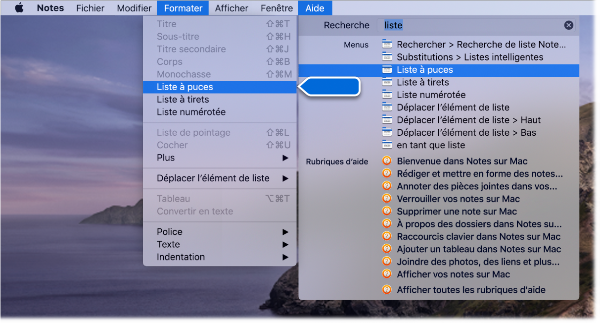 Le menu d’aide présentant une recherche dont le terme est « liste » et la commande « Liste à puces » surlignée dans la liste des résultats et dans le menu Format.