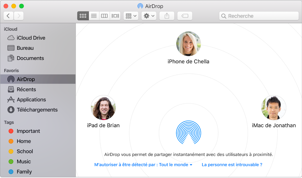 Fenêtre du Finder avec AirDrop sélectionné dans la section Favoris de la barre latérale.