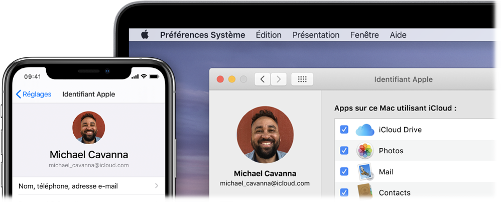 Un iPhone affichant les réglages iCloud, et l’écran d’un Mac affichant la fenêtre iCloud.