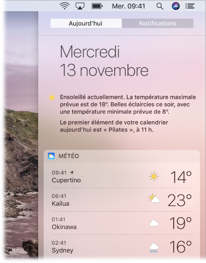 Un écran partiel du bureau affichant le Centre de notifications ouvert avec l’onglet Aujourd’hui sélectionné.