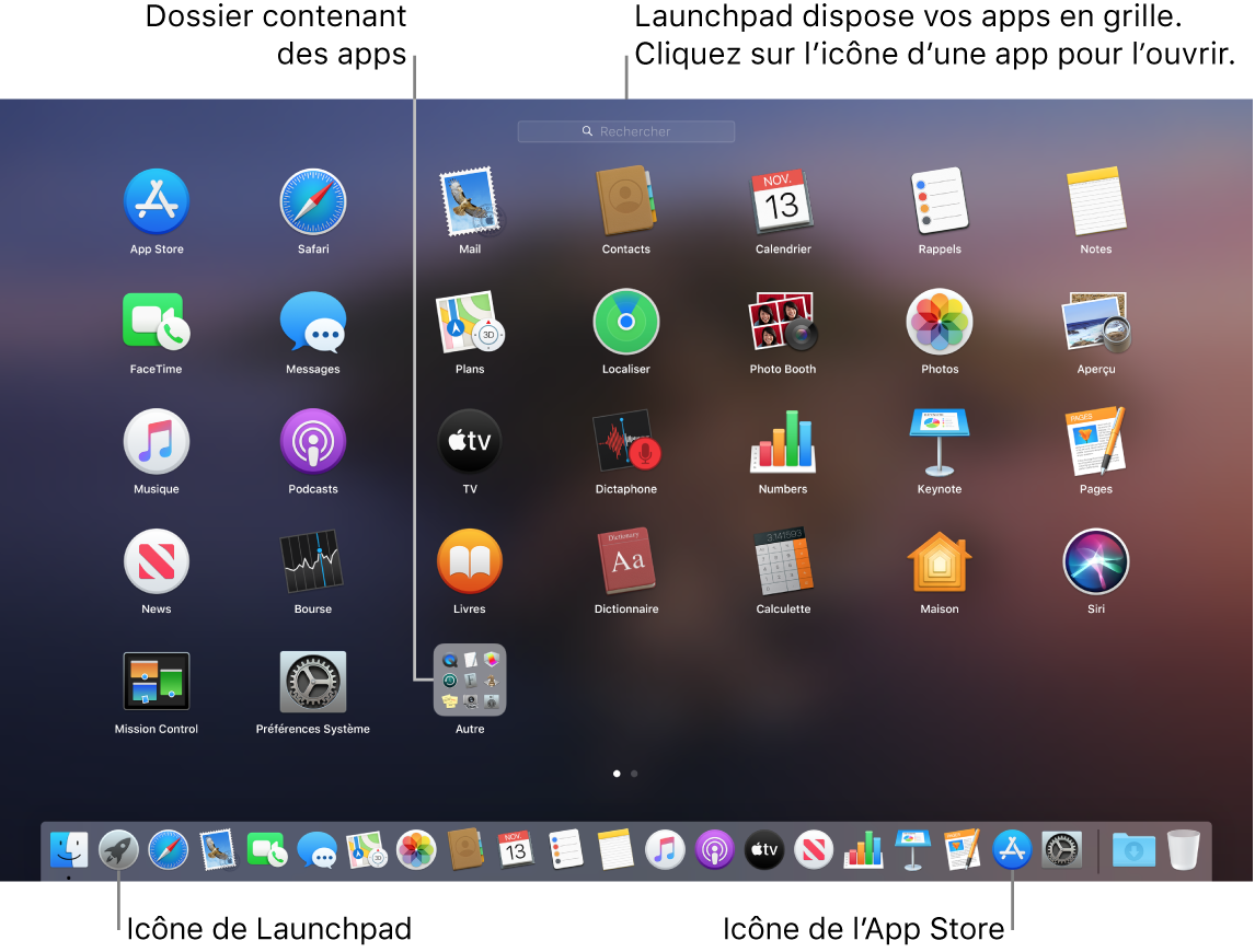 L’écran du Mac avec Launchpad ouvert, affichant un dossier d’apps dans Launchpad, et les icônes Launchpad et Mac App Store dans le Dock.
