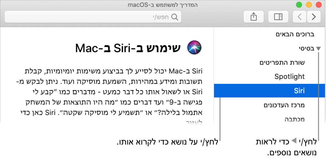 מציג העזרה המראה כיצד לצפות בנושאים המופיעים בסרגל הצד וכיצד להציג את התוכן של נושא.