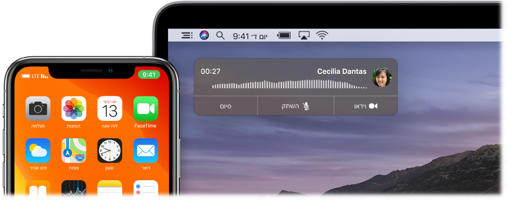 מסך של Mac המציג את חלון העדכון על שיחות בפינה הימנית העליונה, ו‑iPhone המראה שמתקיימת שיחה דרך ה‑Mac.