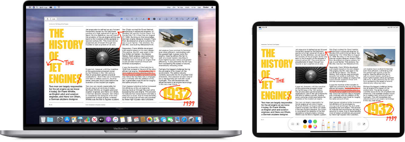 ‏MacBook Pro ו-iPad מונחים זה לצד זה. שני המסכים מציגים מאמר המכוסה בתיקונים אדומים קטנים בכתב יד, כמו משפטים מחוקים בקו, חצים ומילים שנוספו. ל-iPad יש גם פקדי סימון בתחתית המסך.