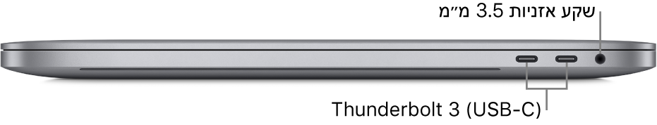 מבט מצד ימין על MacBook Pro עם סימונים לצד שתי היציאות של Thunderbolt 3 ‏(USB-C) ושקע האוזניות בקוטר 3.5 מ״מ.