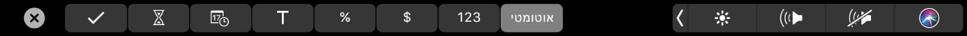 ה‑Touch Bar של Numbers עם כפתורי עיצוב מוצגים. הכפתורים כוללים מטבע, אחוז, מספרים, מלל, תאריך, משך זמן ורשימה.