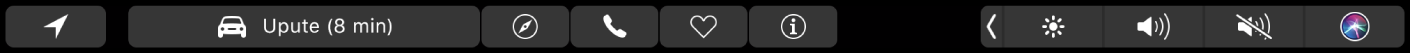 Touch Bar za Karte, prikazuje kako možete dodirnuti upute za učitavanje rute ili dodirnuti tipke Safari, poziv, omiljeno i informacije.