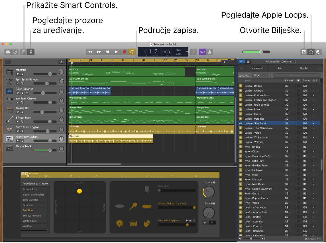 Prozor aplikacije GarageBand prikazuje tipke za pristup postavkama Smart Controls, Urednici, Bilješke i Apple Loops. Prikazuje i prikaz zapisa.