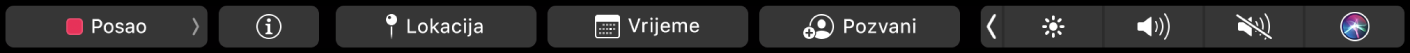 Touch Bar za Kalendar s tipkama za odabir kalendara, prikaz pojedinosti o događajima, uređivanje lokacije i vremena, i dodavanje pozvanih osoba.