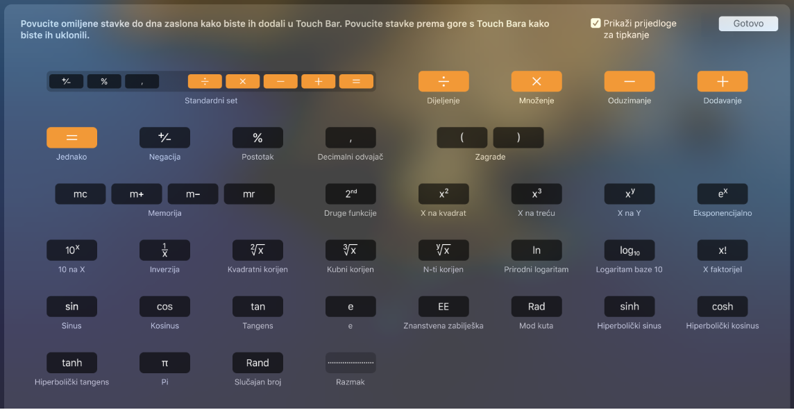 U Touch Baru za Kalkulator stavke možete prilagoditi povlačeći ih u Touch Bar.
