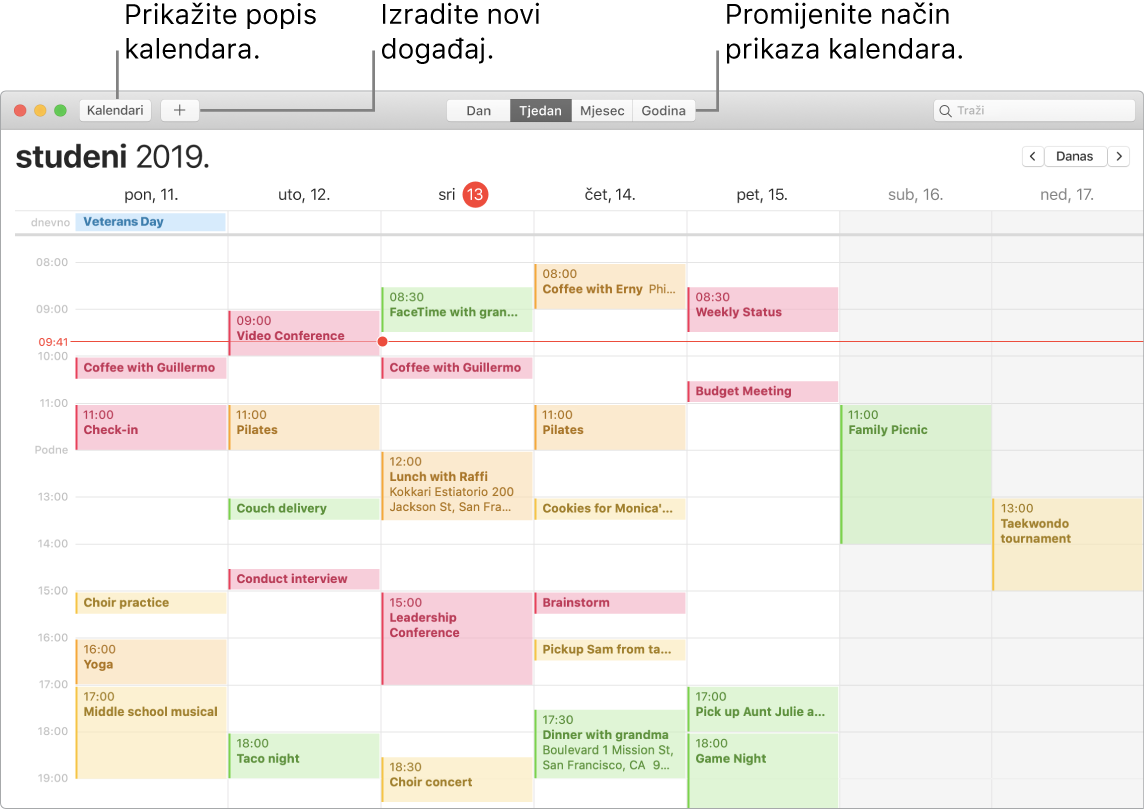 Prozor Kalendara koji prikazuje kako izraditi događaj, prikazati popis kalendara i odabrati prikaz Dan, Tjedan, Mjesec ili Godina.