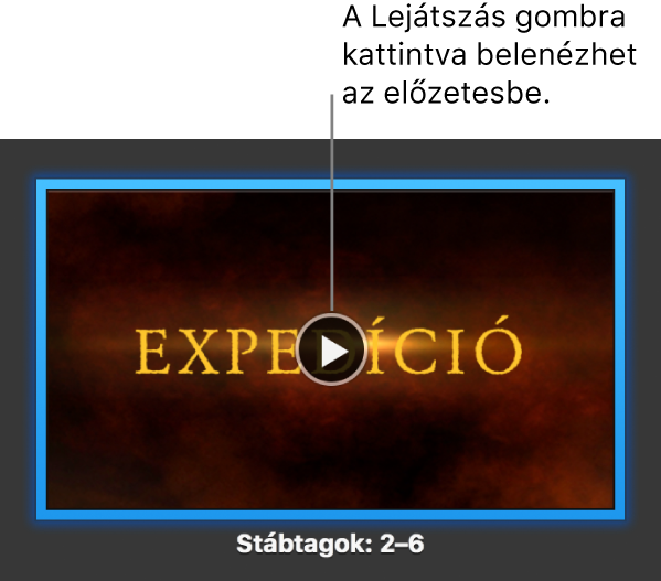 Egy iMovie-filmelőzetes képernyője, amelyen a Lejátszás gomb látható.