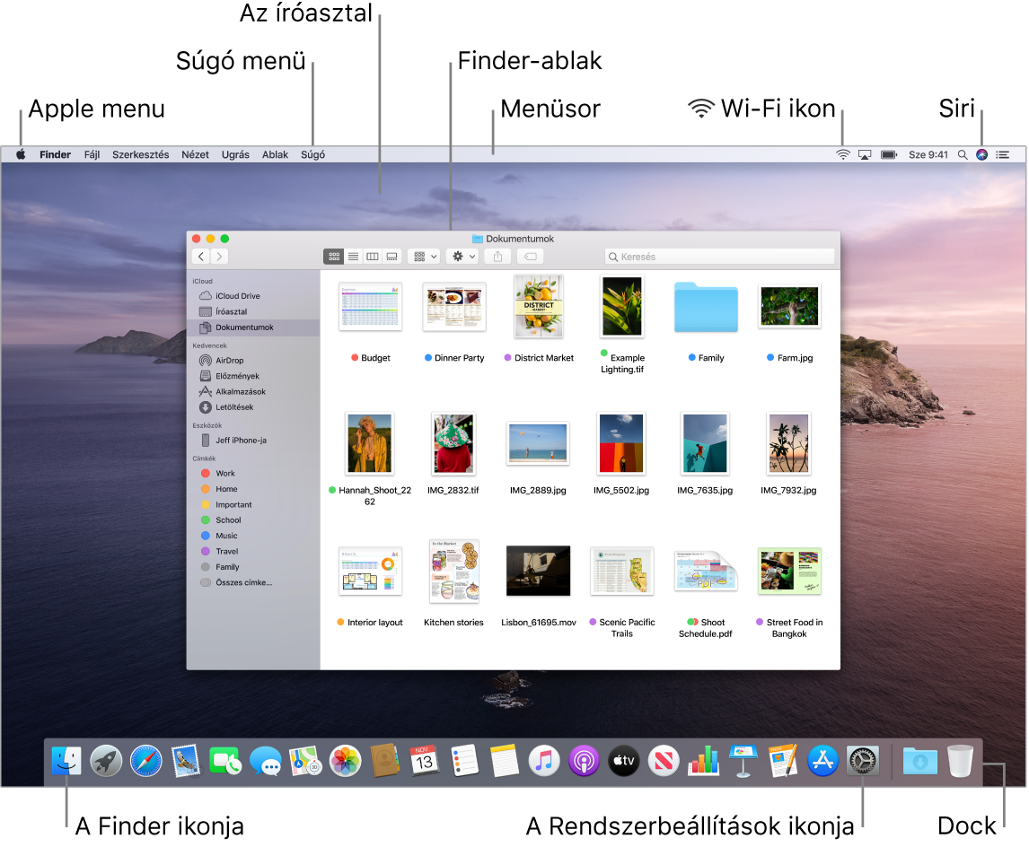 A Mac gép képernyője az Apple menüvel, az íróasztallal, a Súgó menüvel, a Finder ablakával, a menüsorral, a Wi-Fi ikonjával, a Siri ikonjával, a Finder ikonjával, a Rendszerbeállítások ikonjával és a Dockkal.