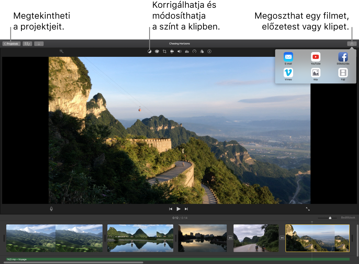 Gombok egy iMovie-ablakban, amelyekkel megtekintheti a projektjeit, korrigálhatja és beállíthatja a színeket, illetve megoszthatja a filmjét, előzetesét vagy filmklipjét.