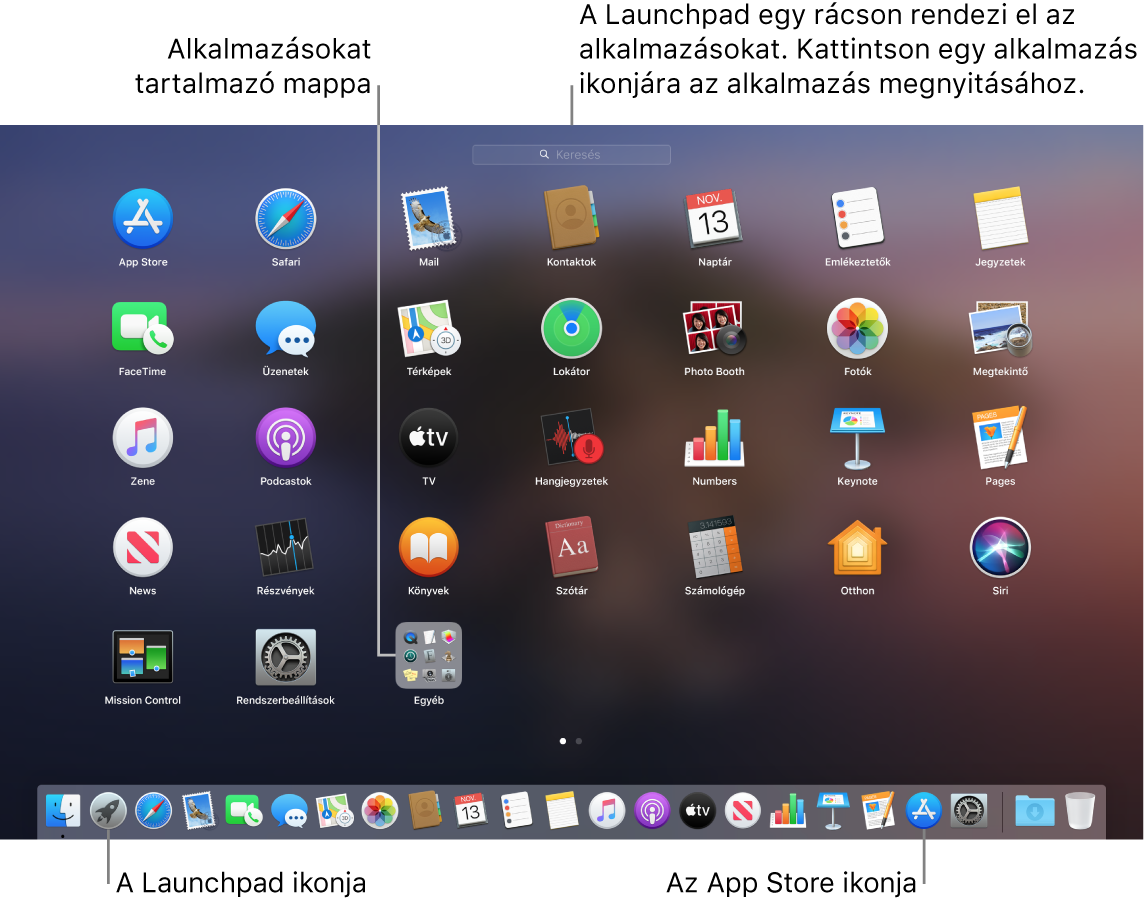 Egy Mac gép képernyője a megnyitott Launchpad alkalmazással, amelyben az alkalmazások mappája látható, valamint a Launchpad és a Mac App Store ikonjaival a Dock területén.