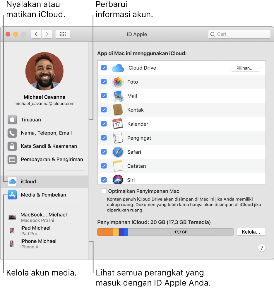 Panel ID Apple di Preferensi Sistem. Klik item di bar samping untuk memperbarui informasi akun Anda, menyalakan atau mematikan iCloud, mengelola akun media, atau melihat semua perangkat yang masuk dengan ID Apple Anda.