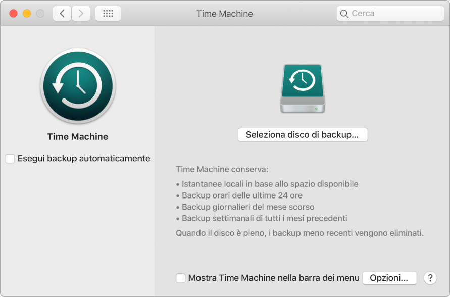 La finestra del backup di Time Machine.