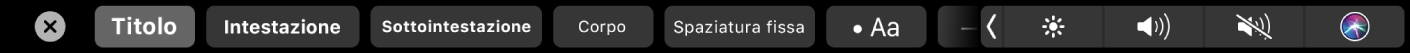 La Touch Bar di Note con i pulsanti per impostare lo stile dei paragrafi tra cui il titolo, l'intestazione e il corpo del testo oltre a quelli per definire la formattazione degli elenchi, quali elenco puntato, numerato o con i trattini.