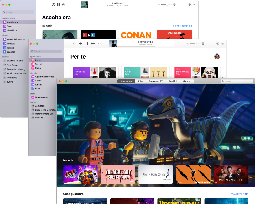 Schermate sovrapposte delle app multimediali, Podcast, Musica e Apple TV, con Apple TV in primo piano che mostra The Lego Movie 2: Una nuova avventura.