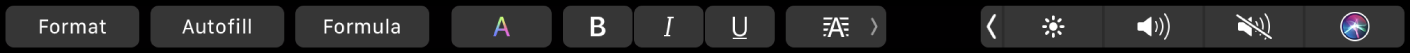 Format, Autofill және Formula үшін түймелері бар Numbers Touch Bar. Сондай-ақ, түс, қалың, көлбеу, асты сызылған қаріптер және туралау үшін мәтінді пішімдеу түймелері бар.
