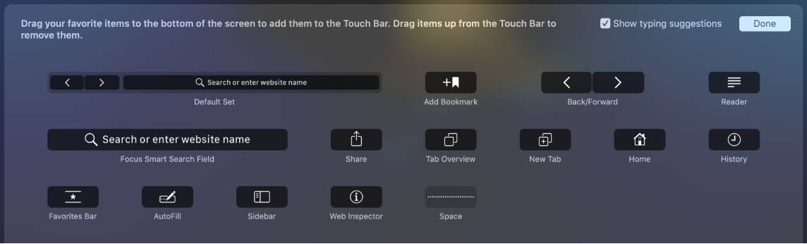 Touch Bar терезесіне сүйреуге болатын Customize Safari параметрлері.
