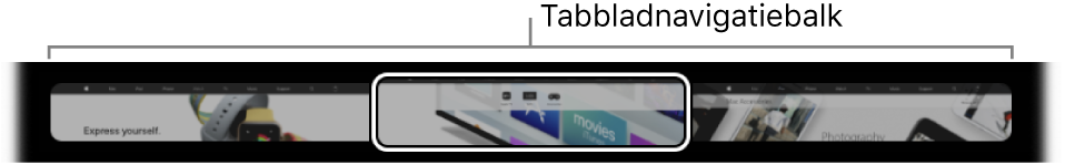 De tabbladnavigatiebalk in de Touch Bar voor Safari. Weergegeven is een kleine voorvertoning van elk open tabblad.