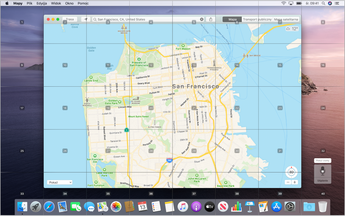 Aplikacja Mapy otworzona na Biurku z nałożoną siatką.
