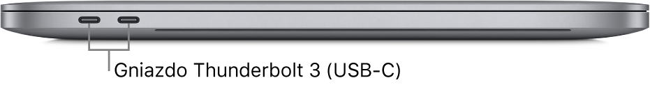 MacBook Pro widziany z lewej strony. Objaśnienia wskazują gniazda Thunderbolt 3 (USB‑C).