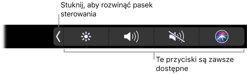 Fragment domyślnego paska Touch Bar ze zwiniętym paskiem Control Strip. Stuknij w przycisk rozwijania, aby pokazać pełny pasek Control Strip.