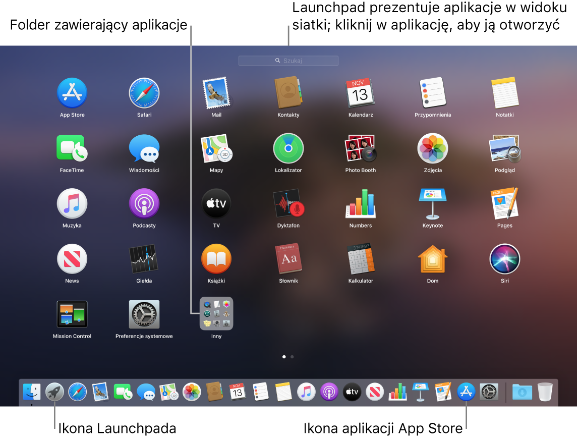 Ekran Maca z otwartym Launchpadem; folder aplikacji w Launchpadzie jest wyróżniony, a w Docku wyróżnione są również ikony Launchpada i Mac App Store.