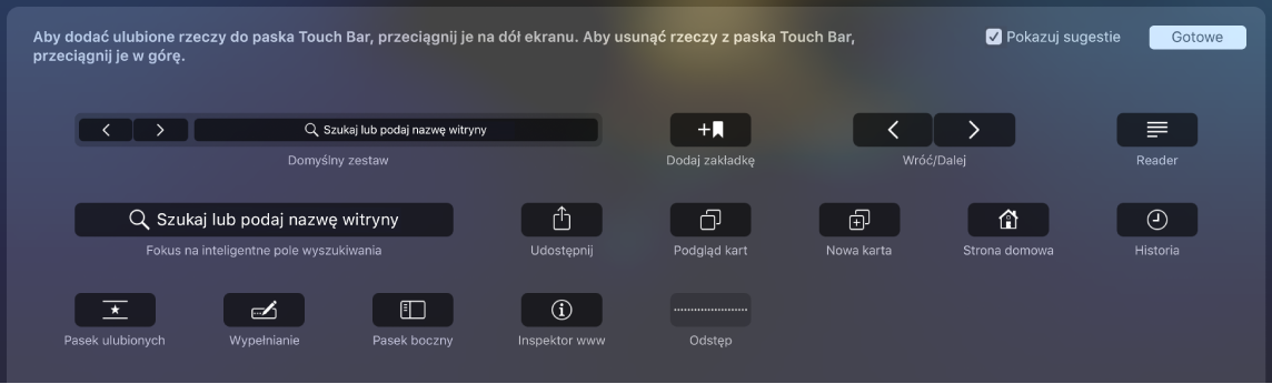 Opcje dostosowania Safari, które można przeciągać na pasek Touch Bar.