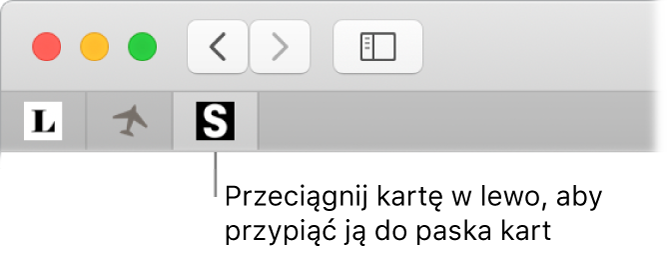 Okno Safari z ilustracją sposobu przypinania karty do paska z kartami.