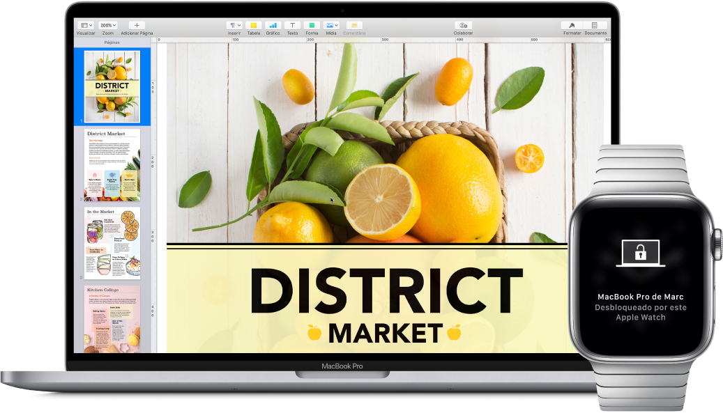 Um MacBook Pro, próximo a um Apple Watch mostrando uma mensagem de que o Mac foi desbloqueado pelo relógio.