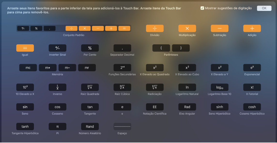 Os itens que você pode personalizar na Touch Bar da Calculadora, arrastando-os para a Touch Bar.