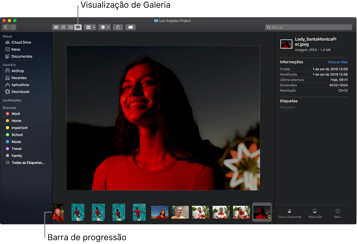 Uma janela do Finder aberta na “Visualização de Galeria” mostrando uma foto grande com uma linha de fotos menores — a barra de exploração — abaixo dela. Controles para rotação, marcação e outras funções estão à direita da barra de exploração.