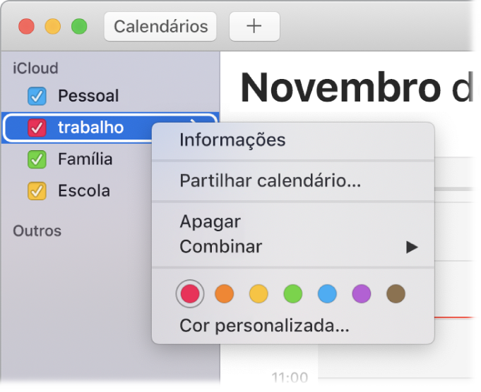 Menu de atalhos do Calendário com opções para personalizar a cor de um calendário.