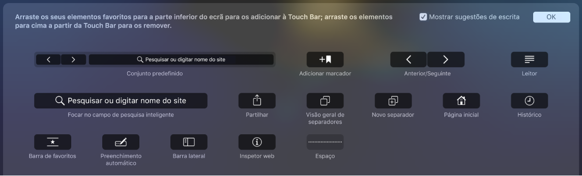 As opções de personalização do Safari, que podem ser arrastadas para a Touch Bar.