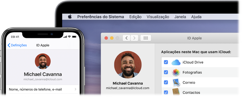 Um iPhone a mostrar as definições de iCloud e o ecrã de um Mac a mostrar a janela de iCloud.