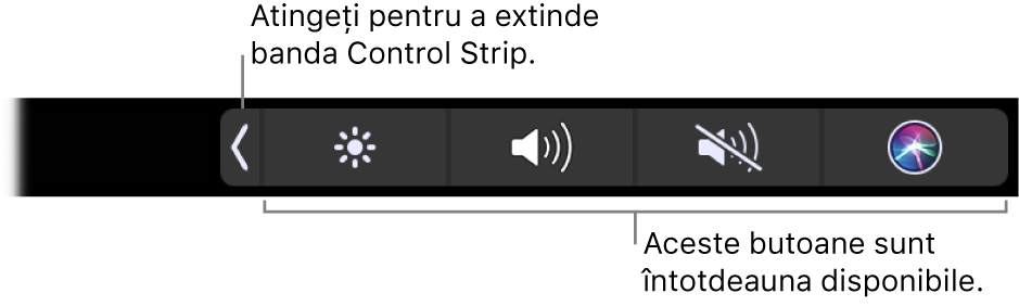 Un ecran parțial cu Touch Bar implicit, prezentând banda Control Strip comprimată. Atingeți butonul de extindere pentru a afișa banda Control Strip completă.