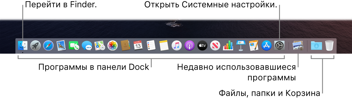 Панель Dock. Показаны значки Finder и Системных настроек, а также линия, отделяющая приложения от папок.