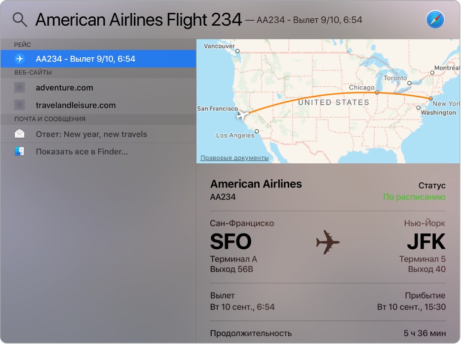 Окно Spotlight. Показаны сведения и карта искомого полета.
