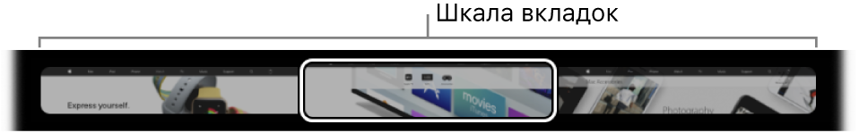 Шкала вкладок в панели Touch Bar в Safari. На ней отображается небольшая миниатюра каждой открытой вкладки.