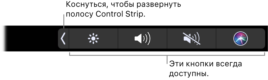 Фрагмент стандартной панели Touch Bar. Показана свернутая полоса Control Strip. Коснитесь кнопки развертывания, чтобы отобразить всю полосу Control Strip целиком.