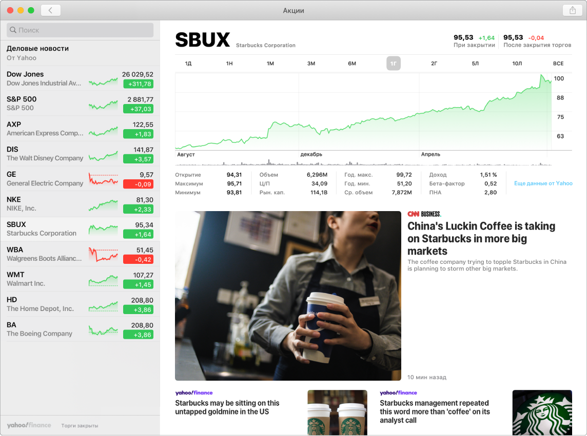 Экран приложения «Акции», на котором показана информация и статьи о выбранных акциях (Starbucks).